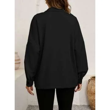 SHEWIN Womens Shacket Button Down Shirts Jacket Boyfriend Long Sleeve Tops Fall Clothes for Women 2024 Teacher Outfits Black Medium