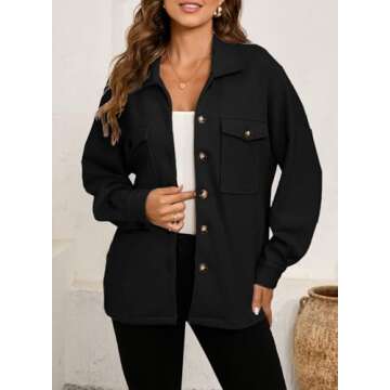 SHEWIN Womens Shacket Button Down Shirts Jacket Boyfriend Long Sleeve Tops Fall Clothes for Women 2024 Teacher Outfits Black Medium