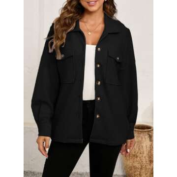 SHEWIN Womens Shacket Button Down Shirts Jacket Boyfriend Long Sleeve Tops Fall Clothes for Women 2024 Teacher Outfits Black Medium