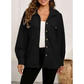 SHEWIN Womens Shacket Button Down Shirts Jacket Boyfriend Long Sleeve Tops Fall Clothes for Women 2024 Teacher Outfits Black Medium