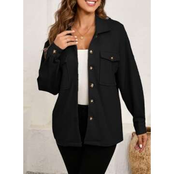 SHEWIN Womens Shacket Button Down Shirts Jacket Boyfriend Long Sleeve Tops Fall Clothes for Women 2024 Teacher Outfits Black Medium
