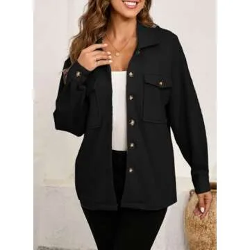 SHEWIN Womens Shacket Button Down Shirts Jacket Boyfriend Long Sleeve Tops Fall Clothes for Women 2024 Teacher Outfits Black Medium