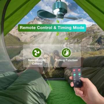 DUKUSEEK Tent Ceiling Fans, Portable Tent Fans with Light and Remote Control, Power Bank, USB Battery Operated Camping Fan with Hanging Hook for Canopy Tent, RV