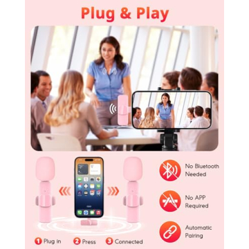 KoXeetech Pink Mini Wireless Microphone for iPhone & Android, Lavalier Microphone with Noise Cancell...