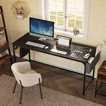 Rolanstar Computer Desk with Power Outlet, 63” Home Office PC Desk with USB Ports Charging Station, Desktop Table with Side Storage Bag and Iron Hooks, Stable Metal Frame Workstation, Black