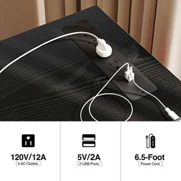 Rolanstar Computer Desk with Power Outlet, 63” Home Office PC Desk with USB Ports Charging Station, Desktop Table with Side Storage Bag and Iron Hooks, Stable Metal Frame Workstation, Black