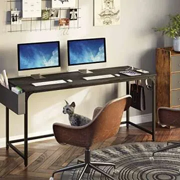 Rolanstar Computer Desk with Power Outlet, 63” Home Office PC Desk with USB Ports Charging Station, Desktop Table with Side Storage Bag and Iron Hooks, Stable Metal Frame Workstation, Black