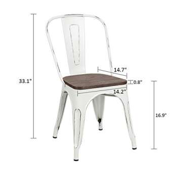 Furniwell Metal Dining Chairs with Wood Seat, Indoor Outdoor Use Stackable Tolix Industrial Metal Chairs Set of 4 for Kitchen, Dining Room, Bistro and Cafe (White)