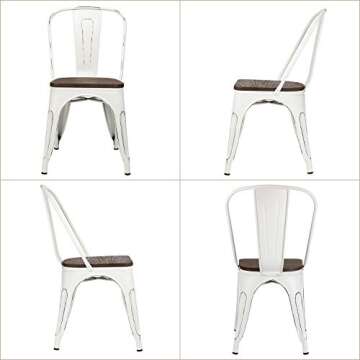 Furniwell Metal Dining Chairs with Wood Seat, Indoor Outdoor Use Stackable Tolix Industrial Metal Chairs Set of 4 for Kitchen, Dining Room, Bistro and Cafe (White)
