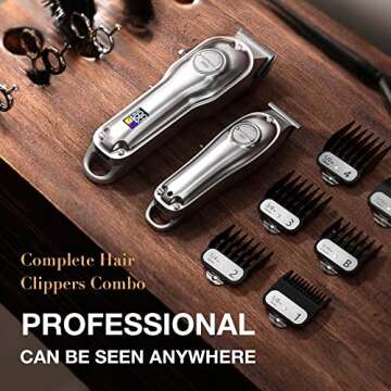 SUPRENT® PRO Professional Hair Clippers for Men- Hair Cutting Kit & Zero Gap T-Blade Trimmer Combo- Cordless Barber Clipper Set with LED Display for Mens Gifts (Silver)