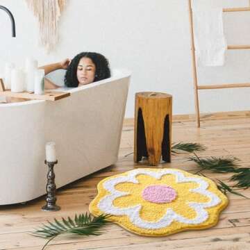 TRUEDAYS Yellow Bathroom Rugs Cute Flower Bath Mat for Women Small Absorbent Non Slip Bath Rug Soft Microfiber Washable Bathroom Mat for Bathroom Floor, Shower, Bathtub