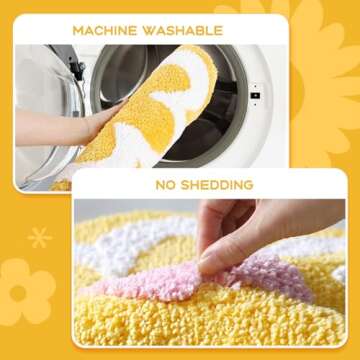 TRUEDAYS Yellow Bathroom Rugs Cute Flower Bath Mat for Women Small Absorbent Non Slip Bath Rug Soft Microfiber Washable Bathroom Mat for Bathroom Floor, Shower, Bathtub