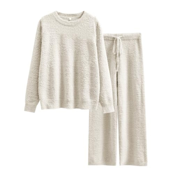 ANRABESS Women's Fuzzy Fleece Pajama Sets 2 Piece Outfits Long Sleeve Top Wide Leg Pants Lounge Matc...