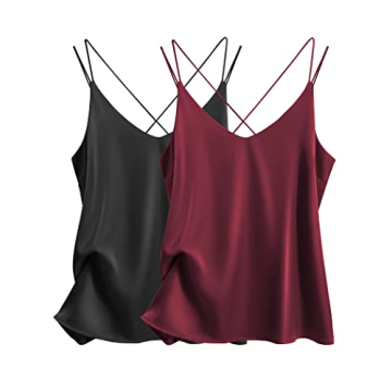 Ekouaer Women's 2-Pack Silk Satin Camisole Tank Top V Neck Sexy Cross Back Spaghetti Strap Cami Slee...
