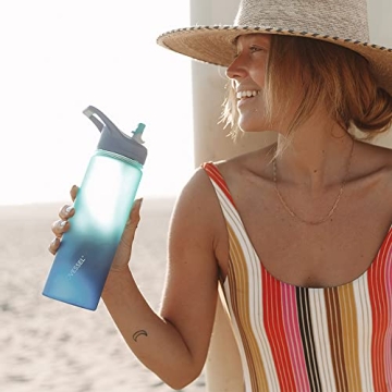 EcoVessel WAVE Tritan Plastic Sports Water Bottle with Flip Top Straw, Leak Proof Lid, and Carry Handle Reusable Water Bottle for Gym 24 oz (Hudson Blue)
