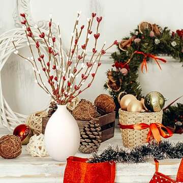 FLOERVE Christmas Decoration, 6 PCS Artificial Pip Berry Sprays, Fake Winter Flowers Christmas Picks, Holiday Wedding Floral Arrangement Wreath Table Centerpiece Home Decoration(Red, White)