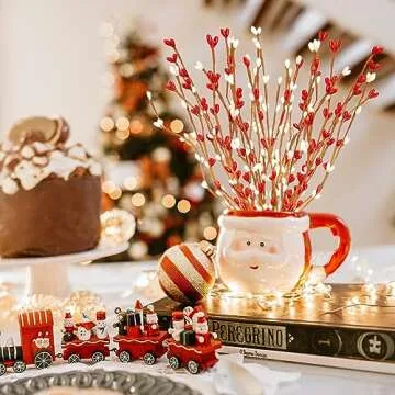 FLOERVE Christmas Decoration, 6 PCS Artificial Pip Berry Sprays, Fake Winter Flowers Christmas Picks, Holiday Wedding Floral Arrangement Wreath Table Centerpiece Home Decoration(Red, White)