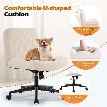 BOSMILLER Criss Cross Chair with Wheels, Vanity Chair with Back, Armless Makeup Chair, Wide Desk Chair Cute, Height Adjustable Makeup Chair, Cross Legged Office Chair, Beige with Wheels