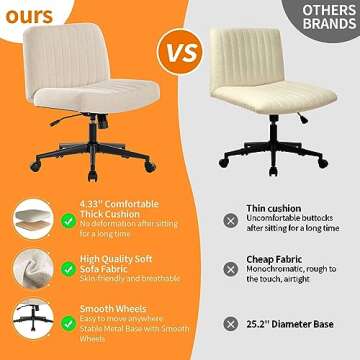 BOSMILLER Criss Cross Chair with Wheels, Vanity Chair with Back, Armless Makeup Chair, Wide Desk Chair Cute, Height Adjustable Makeup Chair, Cross Legged Office Chair, Beige with Wheels