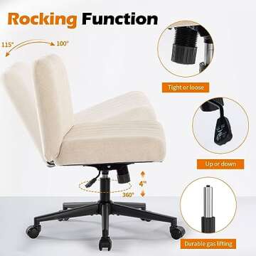 BOSMILLER Criss Cross Chair with Wheels, Vanity Chair with Back, Armless Makeup Chair, Wide Desk Chair Cute, Height Adjustable Makeup Chair, Cross Legged Office Chair, Beige with Wheels