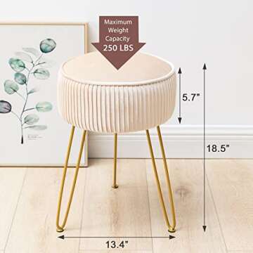 LUE BONA Pleated Vanity Stool, Velvet Upholstered Vanity Stool for Makeup Room, Round Mondern Stool ...