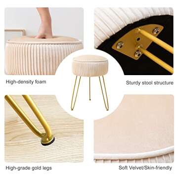 LUE BONA Pleated Vanity Stool, Velvet Upholstered Vanity Stool for Makeup Room, Round Mondern Stool for Vanity, Ottoman Footrest Stool with Metal Legs for Living Room, Bedroom, Champagne