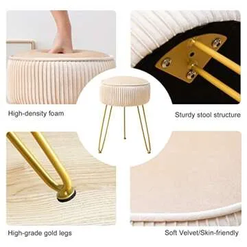 LUE BONA Pleated Vanity Stool, Velvet Upholstered Vanity Stool for Makeup Room, Round Mondern Stool for Vanity, Ottoman Footrest Stool with Metal Legs for Living Room, Bedroom, Champagne