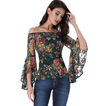 VFSHOW Womens Green Multi Floral Lace Bell Sleeve Off Shoulder Casual Cocktail Party Blouse Top 2727...
