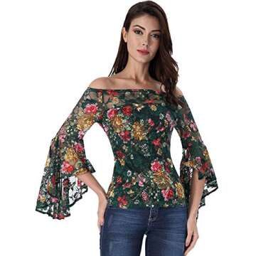 VFSHOW Womens Green Multi Floral Lace Bell Sleeve Off Shoulder Casual Cocktail Party Blouse Top 2727 FLW XS