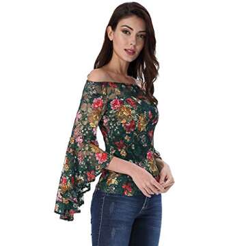 VFSHOW Womens Green Multi Floral Lace Bell Sleeve Off Shoulder Casual Cocktail Party Blouse Top 2727 FLW XS