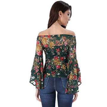 VFSHOW Womens Green Multi Floral Lace Bell Sleeve Off Shoulder Casual Cocktail Party Blouse Top 2727 FLW XS