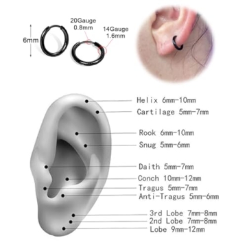 Black Hoop Earrings for Men and Women - 6mm