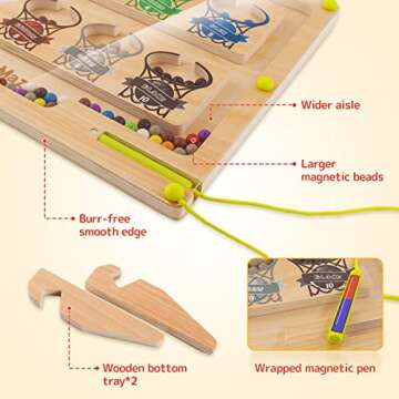 Montessori Toys for 3+ Year Old, Magnetic Color Bead Maze Wooden Magnet Puzzle Board with 2 Tray, Preschool Learning Activities Educational Toys Fine Motor Skills Toys Travel Toys for Kids Ages 3-5