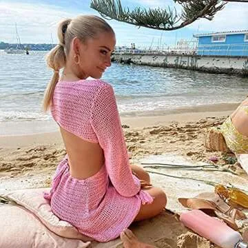 NUFIWI Women Swimsuit Crochet Dress Cutout Knitted Sexy Backless Bathing Suit Cover Up Shirt Bikini Beachwear(Cutout Pink,S)