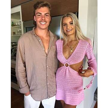 NUFIWI Women Swimsuit Crochet Dress Cutout Knitted Sexy Backless Bathing Suit Cover Up Shirt Bikini Beachwear(Cutout Pink,S)