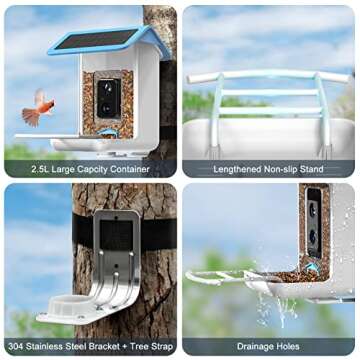 BROAIMX Smart Bird Feeder with Camera, Free AI Forever for 11,000+ Bird Species, 64G TF Card & 1080P HD, Solar-Powered Wireless Outdoor Bird Feeder, App Alerts & Two-Way Audio for Garden Bird Watching