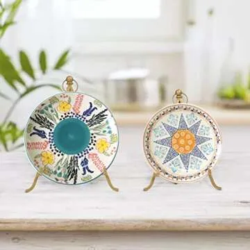 RiteSune 2 Pack Large Plate Holder Display Stand, Gold Metal Tripod Stand for Displaying Picture Frames, Decorative Plate, Cookbooks, Tabletop Art or Easels