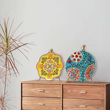 RiteSune 2 Pack Large Plate Holder Display Stand, Gold Metal Tripod Stand for Displaying Picture Frames, Decorative Plate, Cookbooks, Tabletop Art or Easels