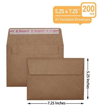 Xxcxpark 200 Qty Printable A7 Invitation Envelopes 5.25 x 7.25, Self Seal 120GSM Brown Kraft Paper E...