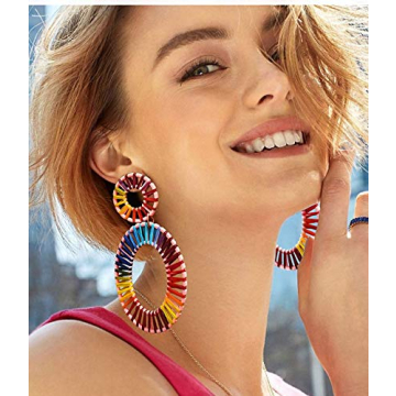 Handmade Colorful Rattan Hoop Earrings for Women