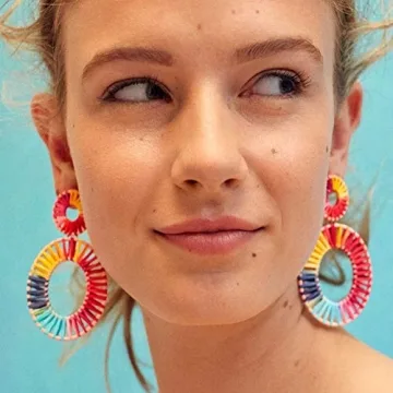 Handmade Colorful Rattan Hoop Earrings for Women