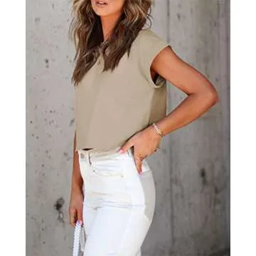 Tankaneo Womens Short Sleeve Cropped T-Shirts Summer Rolled Dolman Sleeve Crop Tops Casual Round Neck Solid Short Basic Tees