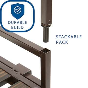 Seville Classics Sturdy Freestanding Storage Shelf for Bedroom, Closet, Entryway, Dorm Room Organizer, Stackable Durable Metal Shoe Rack, Espresso Slat, 3-Tier