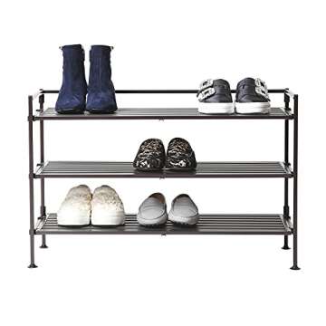 Seville Classics Sturdy Freestanding Storage Shelf for Bedroom, Closet, Entryway, Dorm Room Organizer, Stackable Durable Metal Shoe Rack, Espresso Slat, 3-Tier