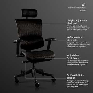 X-Chair X1 High End Task Chair, Black Flex Mesh with Headrest - Ergonomic Office Seat/Dynamic Variable Lumbar Support/Highly Adjustable/Relaxed Recline/Perfect for Office or Home Desk