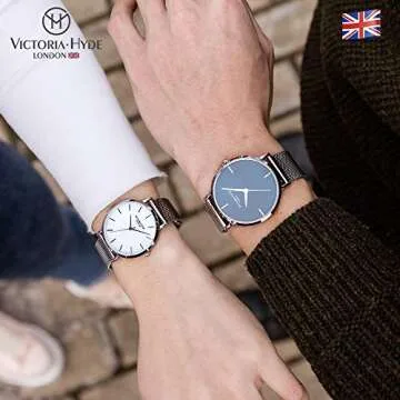 VICTORIA HYDE Couple Watches for Men Women Stainless Steel Mesh Band Silver His and Hers Waterproof ...
