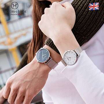 VICTORIA HYDE Couple Watches for Men Women Stainless Steel Mesh Band Silver His and Hers Waterproof Quartz Wristwatch for Lovers Gifts Set
