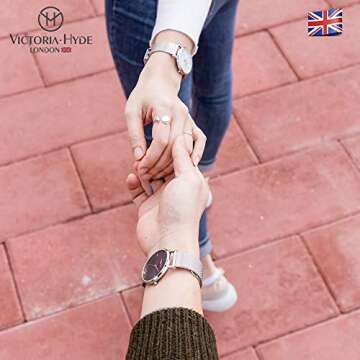 VICTORIA HYDE Couple Watches for Men Women Stainless Steel Mesh Band Silver His and Hers Waterproof Quartz Wristwatch for Lovers Gifts Set