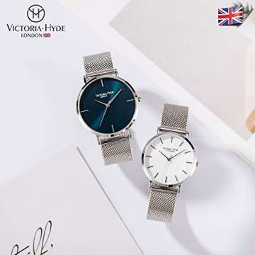 VICTORIA HYDE Couple Watches for Men Women Stainless Steel Mesh Band Silver His and Hers Waterproof Quartz Wristwatch for Lovers Gifts Set