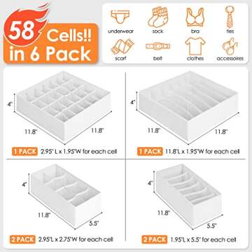 6 Pack Sock Underwear Drawer Organizer Dividers, 58 Cell Foldable Fabric Dresser Closet Organizers and Storage Bins for Clothing, Baby Clothes, Bra, Panty, Scarf, Ties (White)